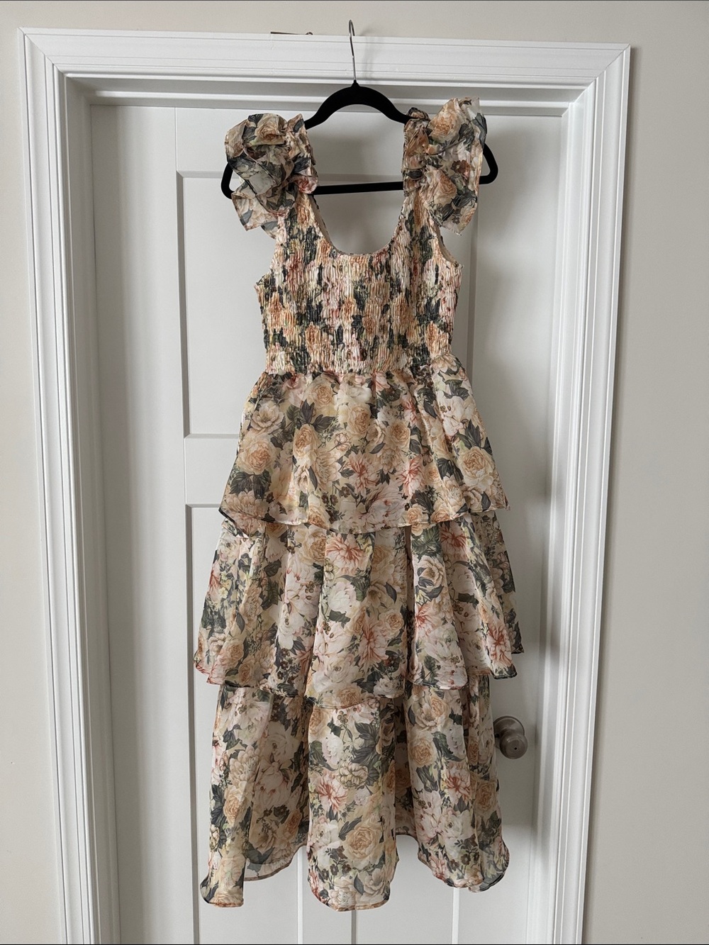 Floral Tiered Ruffle Women’s Dress in Cream and Green